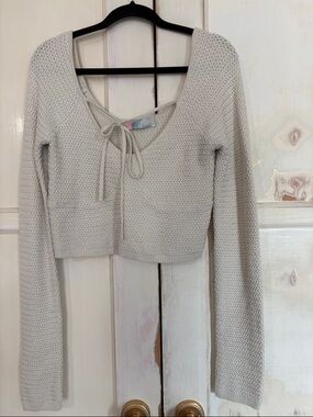 Free People Cream Knit Tie-Front Crop Sweater